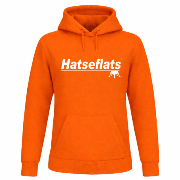 Oranje Koningsdag hoodie met tekst “Hatseflats”