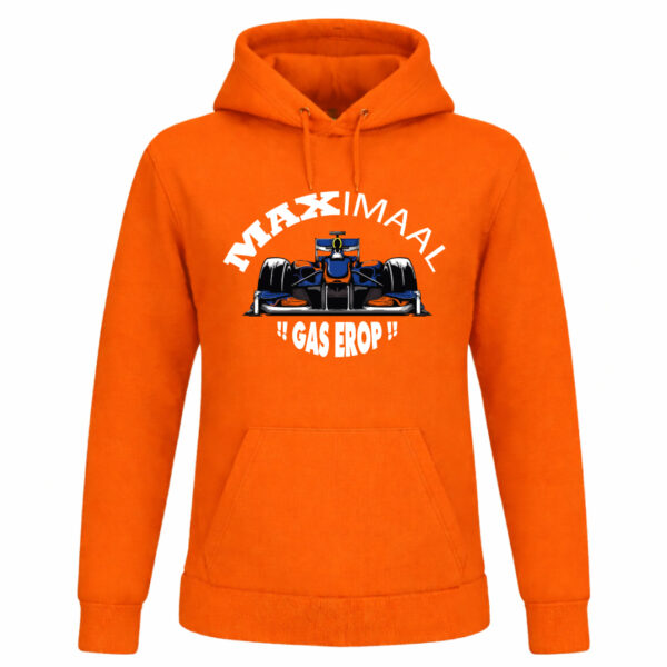 Oranje Koningsdag hoodie met tekst “Maximaal Gas Erop”