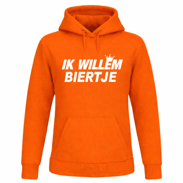 Oranje hoodie met “Ik Willem Biertje” opdruk – Koningsdag supporter hoodie