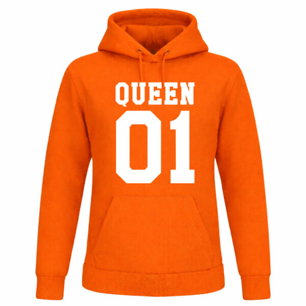 Oranje Koningsdag hoodie met tekst “Queen 01”
