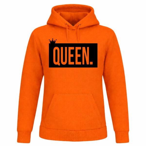 Oranje zwart Koningsdag hoodie met tekst “Queen”