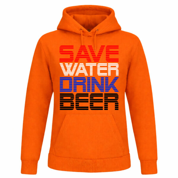Oranje Koningsdag hoodie met tekst “Save Water Drink Beer”