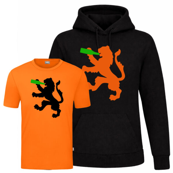 Oranje t-shirt met drinking leeuw opdruk voor Koningsdag Zwarte hoodie met drinking leeuw print voor Koningsdag