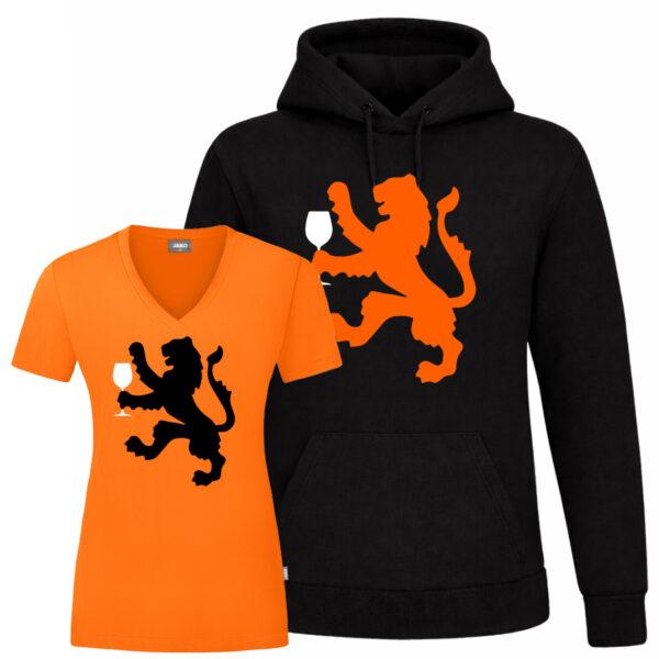 Oranje t-shirt met drinking leeuw opdruk voor Koningsdag Zwarte hoodie met drinking leeuw print voor Koningsdag