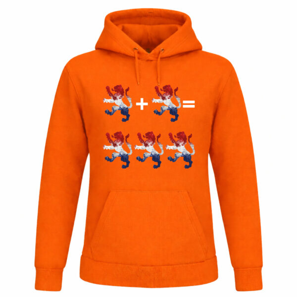 Oranje Koningsdag hoodie met tekst “1+1=3”