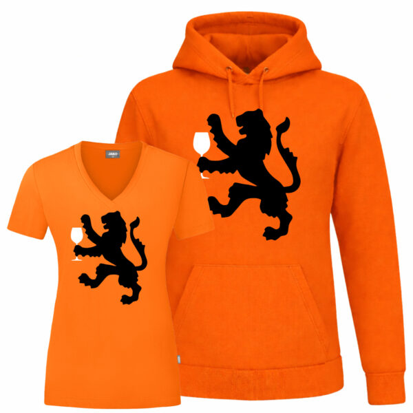 Oranje Koningsdag dames hoodie met drinking leeuw print Oranje Koningsdag dames t-shirt met drinking leeuw