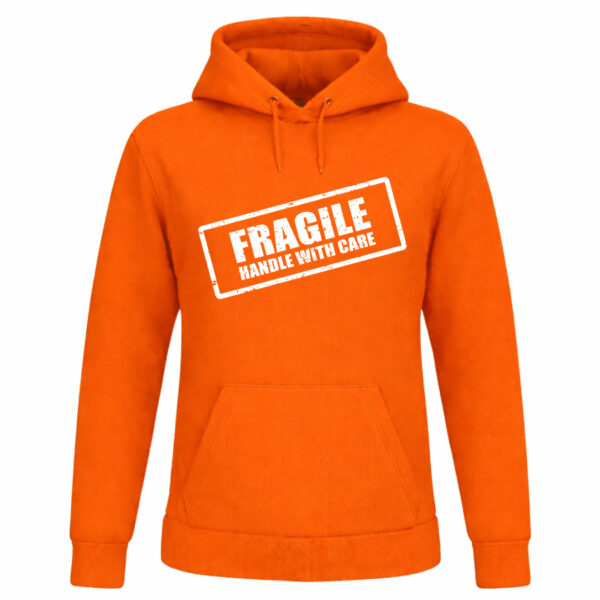Oranje Koningsdag hoodie met tekst “Fragile Handle With Care”