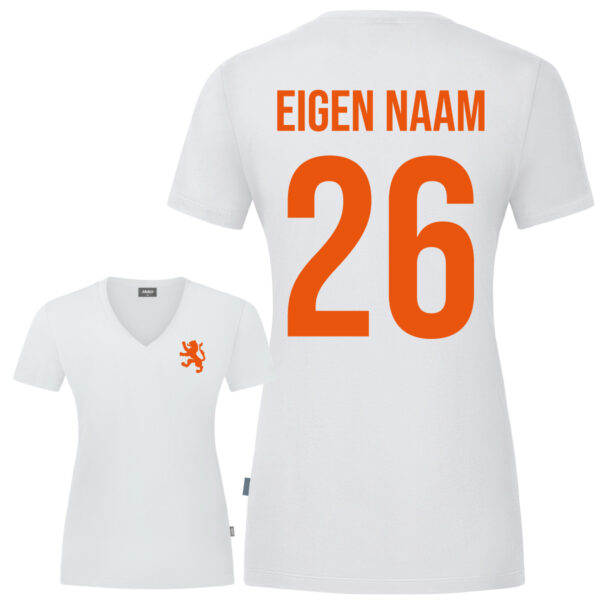 EIGEN NAAM EN NUMMER WIT/ORANJE T-SHIRT DAMES