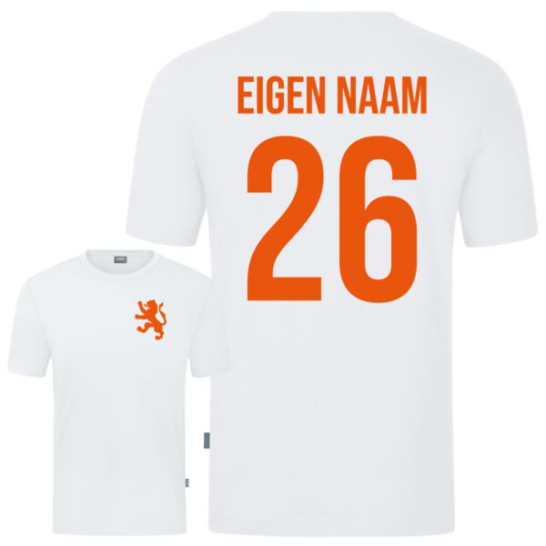 EIGEN NAAM EN NUMMER T-SHIRT WIT/ORANJE