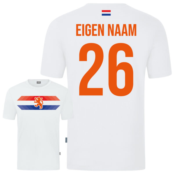 White T-shirt back view with orange 'EIGEN NAAM' and large 26, Dutch flag at neck area