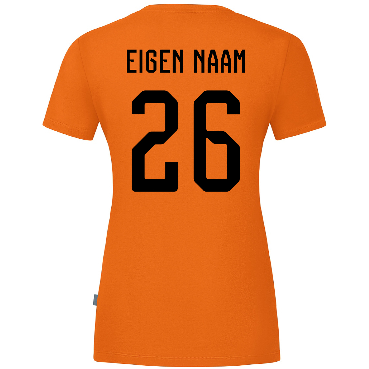 Nederland-Marocco-Dames-Achterkant - KONINGSDAG-SHOP Orange T-shirt with 'EIGEN NAAM' and number 26 printed on back, indicating a customizable jersey.