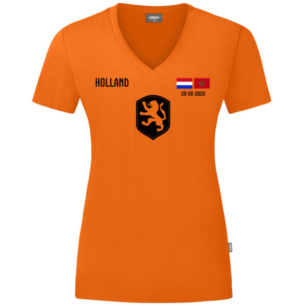 Orange V-neck T-shirt with a black Holland lion shield, 'HOLLAND' text, small Netherlands and Morocco flags, and the date 29-06-2026.